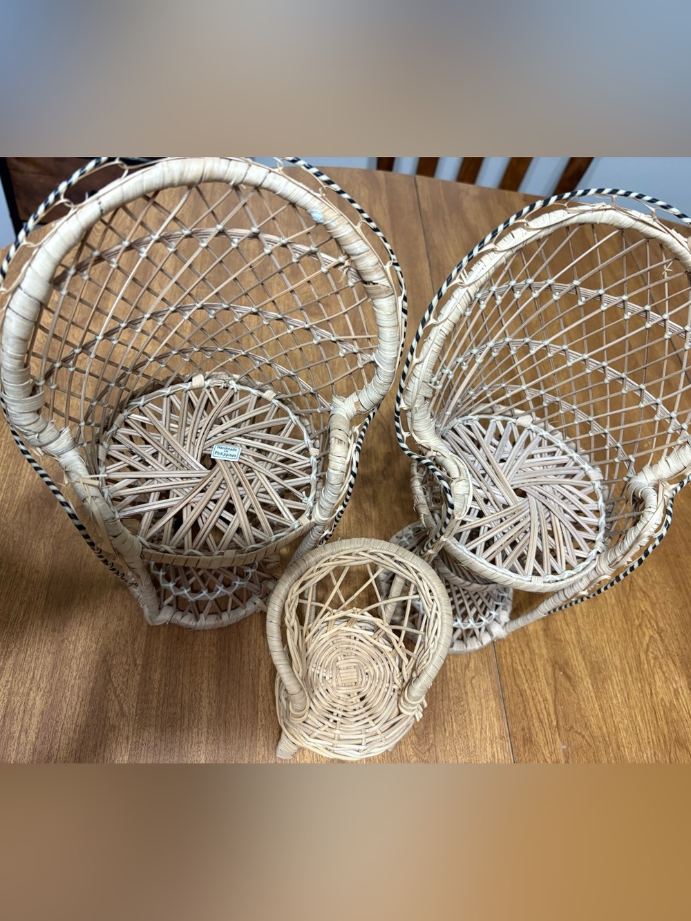 Lot of 3 vintage wicker mini peacock chairs plant stands